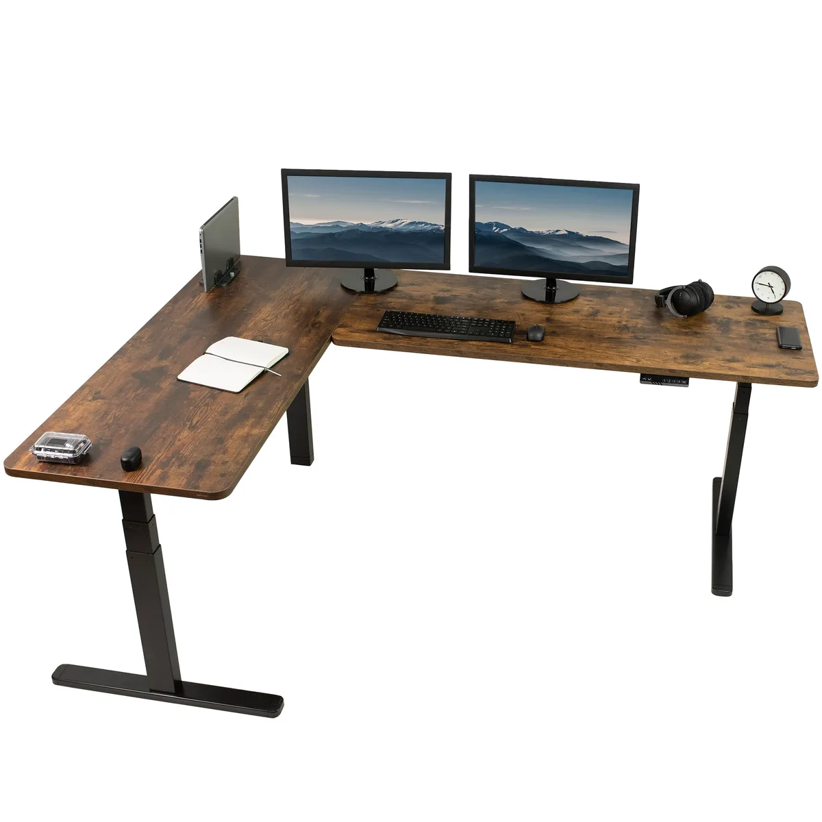 VIVO VIVO Electric Corner Desk 83"x60" Vintage Brown/Black — product photo