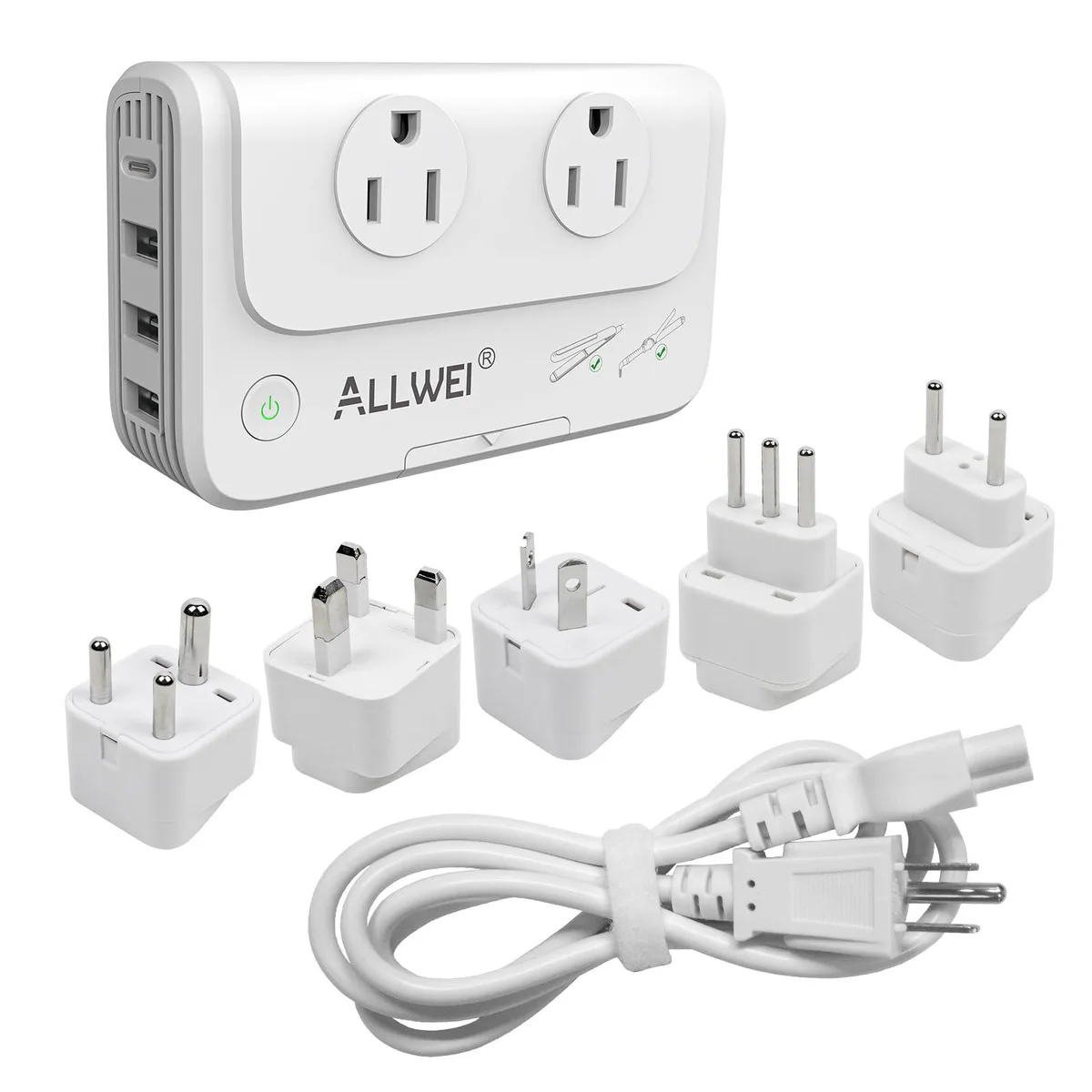 White rectangular voltage converter with five interchangeable plug adapters