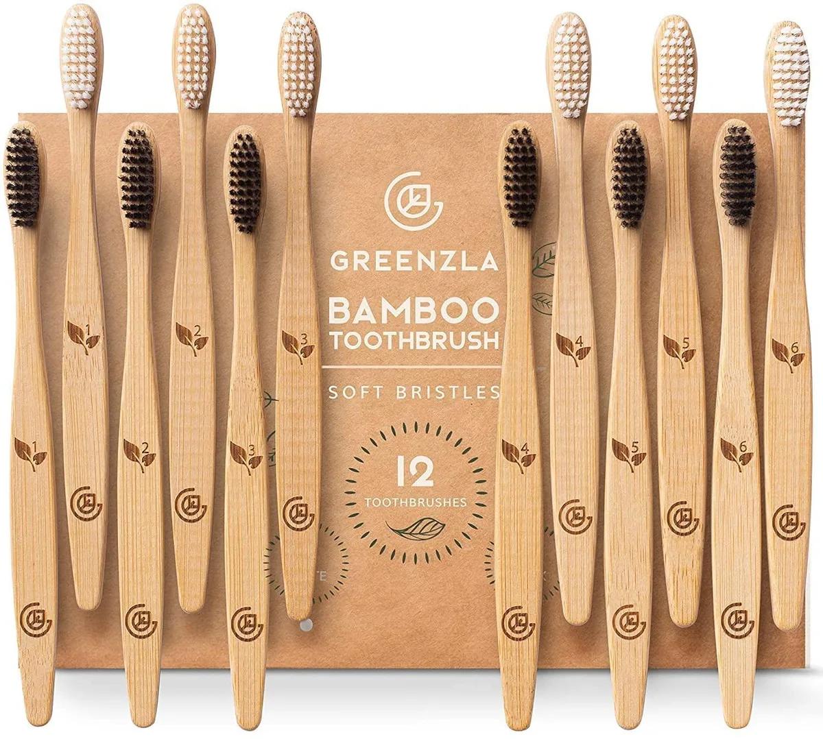 Twelve bamboo toothbrushes with charcoal-infused soft bristles in a travel case