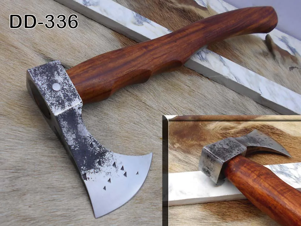 Damascus Depot Damascus Depot Tomahawk Axe 15 Inches Bearded High Carbon Steel Rose Wood Handle Leather Sheath — product photo