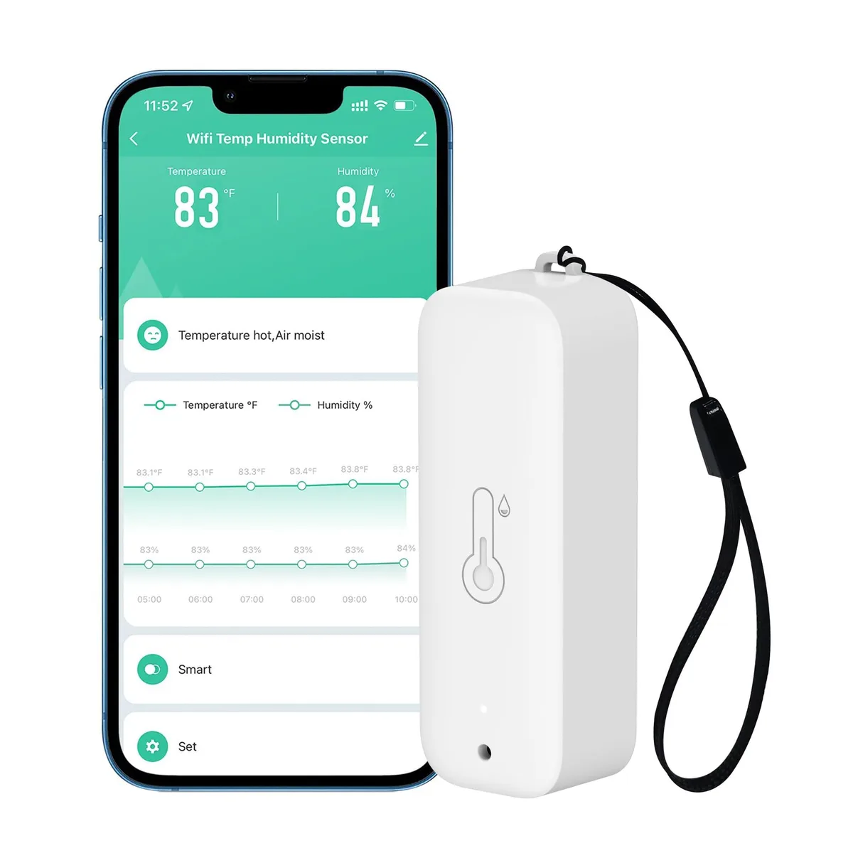 White rectangular sensor with rounded edges and lanyard loop