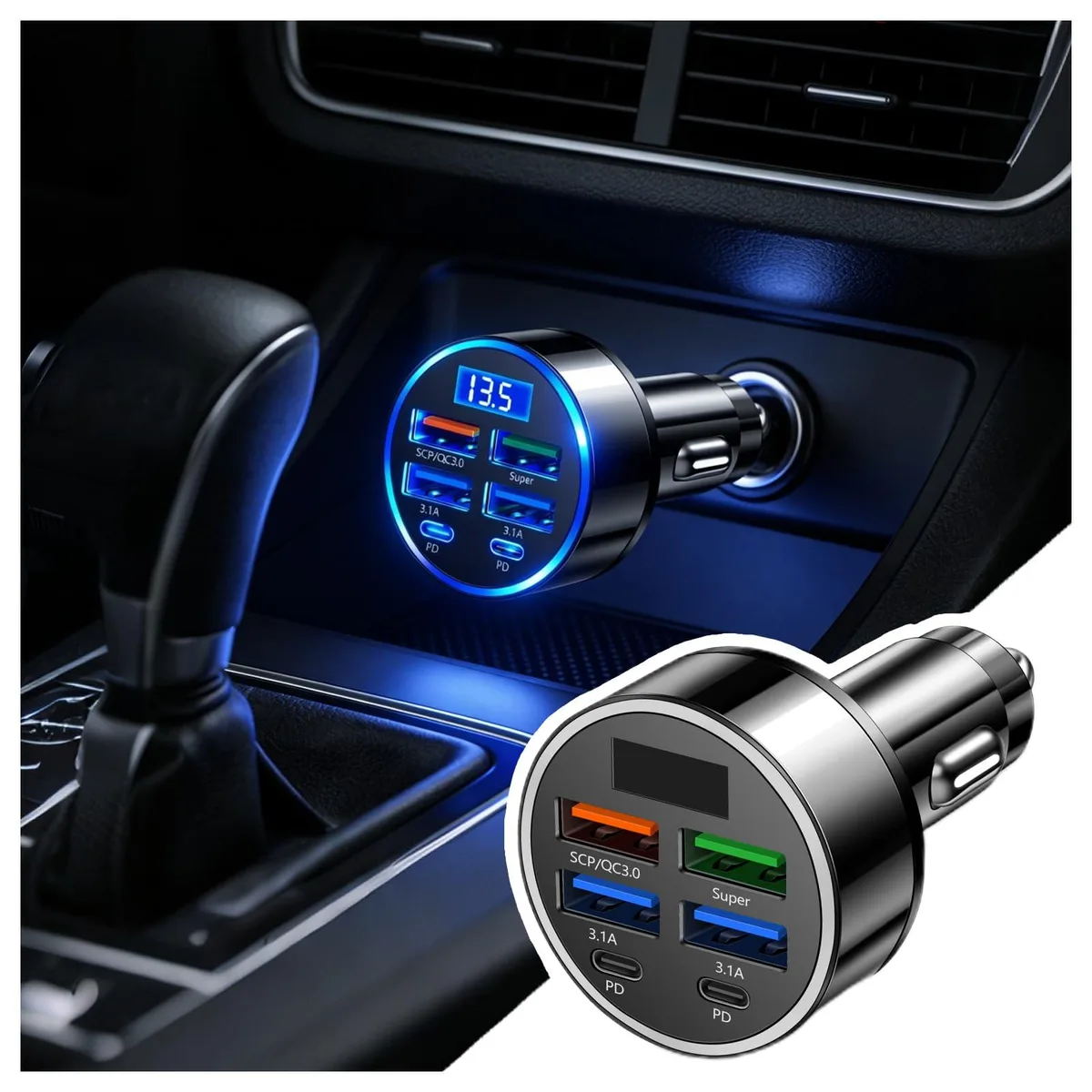  Figpade WGS-G40 6 Port USB Car Charger 12V 24V 2.4A 3.1A PD QC3.0 LED Display — product photo