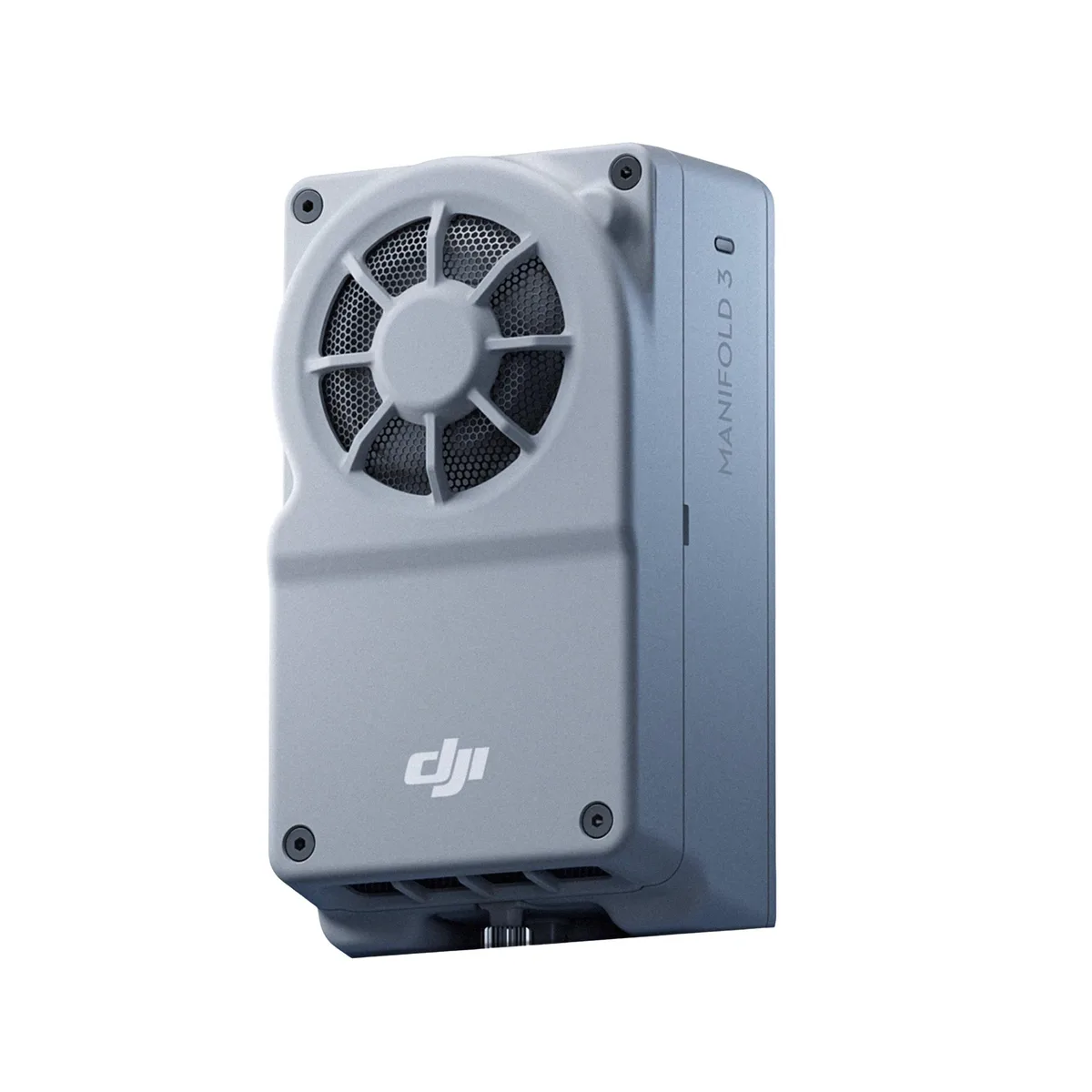 Gray rectangular computing module with mounting bracket and cables
