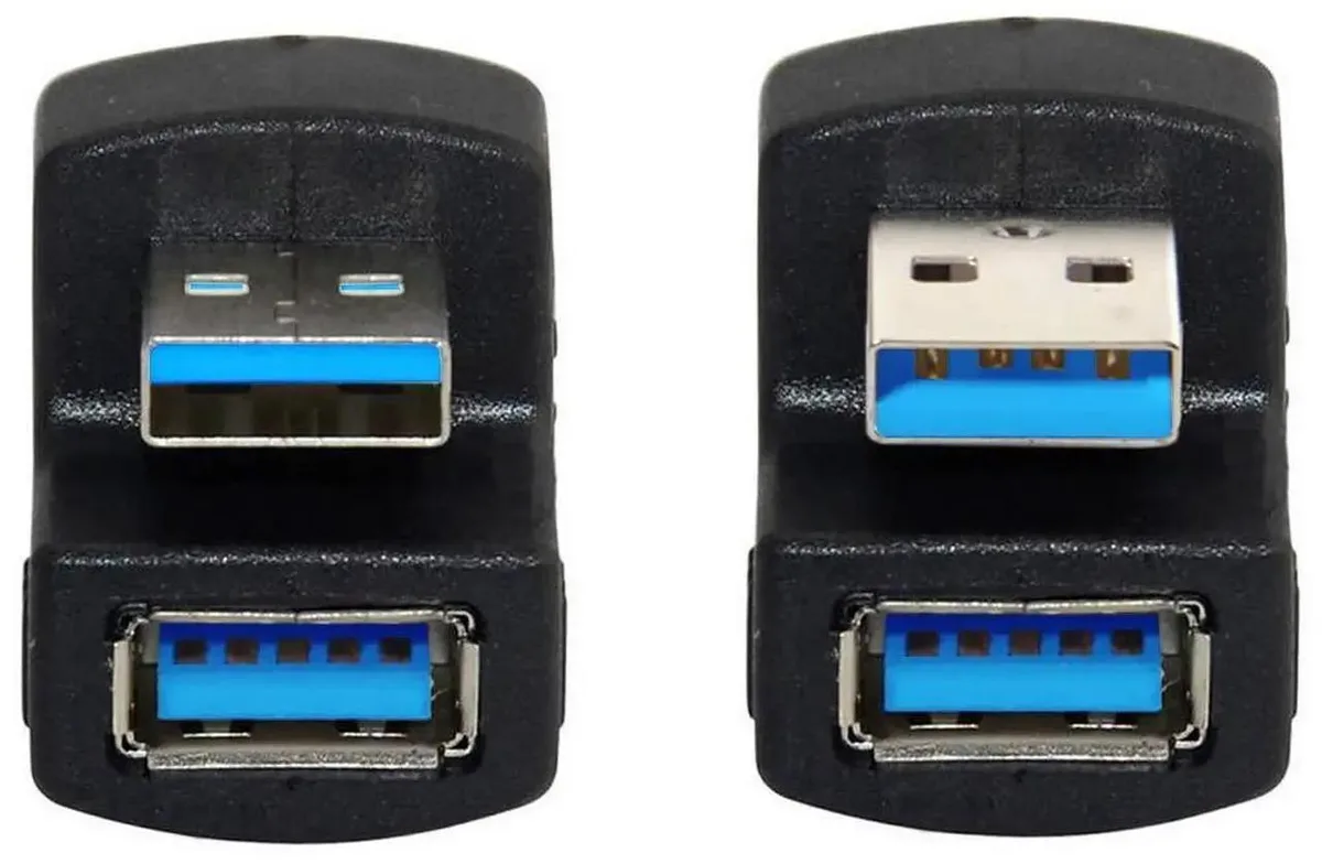 Two black USB 3.0 angled adapters, one up one down, 180 degree connectors