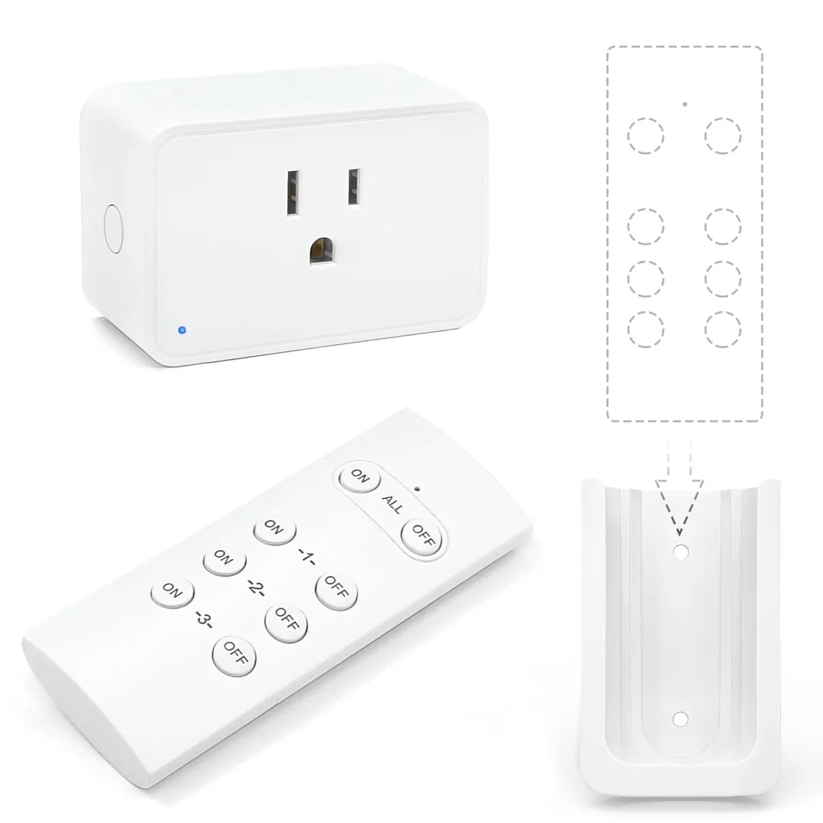 White smart plug with remote control and wall mount bracket