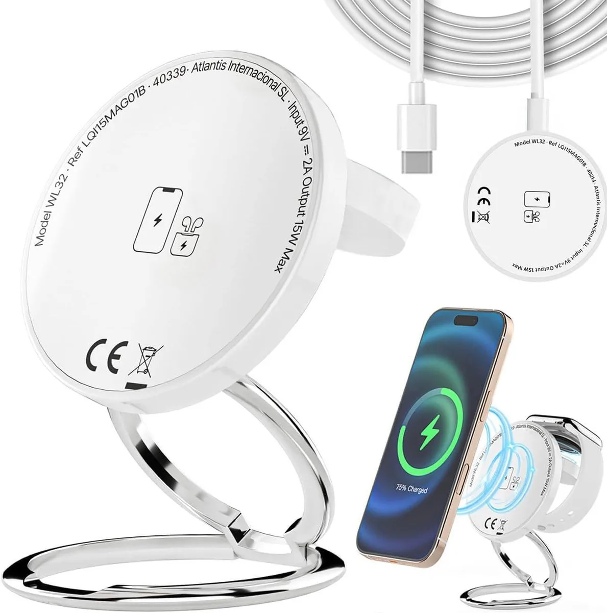 SRIBOO Foldable Magnetic 3-in-1 Wireless Charger Stand Black — product photo