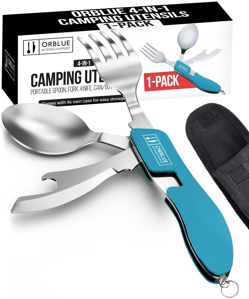 Blue stainless steel 4-in-1 camping cutlery set with foldable spoon fork knife and bottle opener in compact case