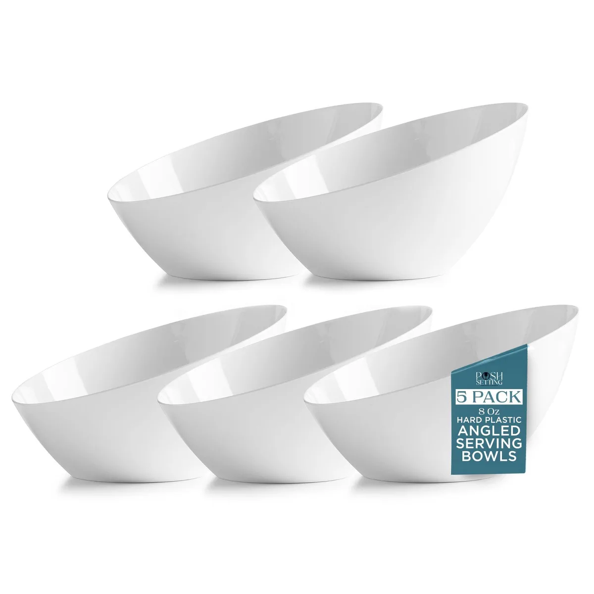 Five white angled plastic bowls stacked together