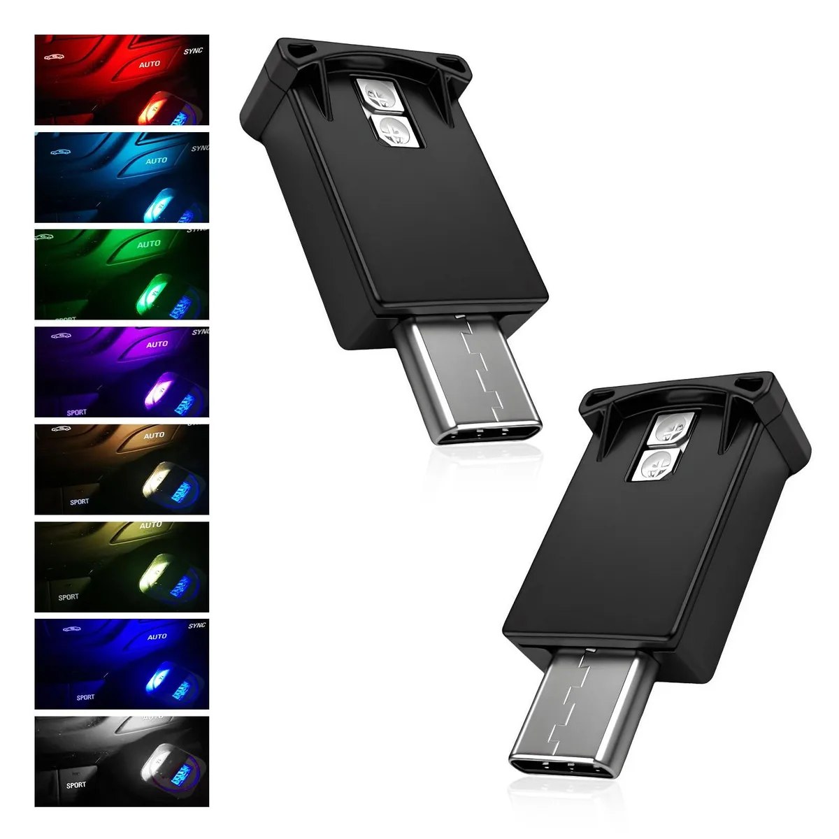  2 PCS USB-C LED Car Ambient Light 8 Colors RGB Adjustable Brightness Automotive Specialty Lighting — product photo