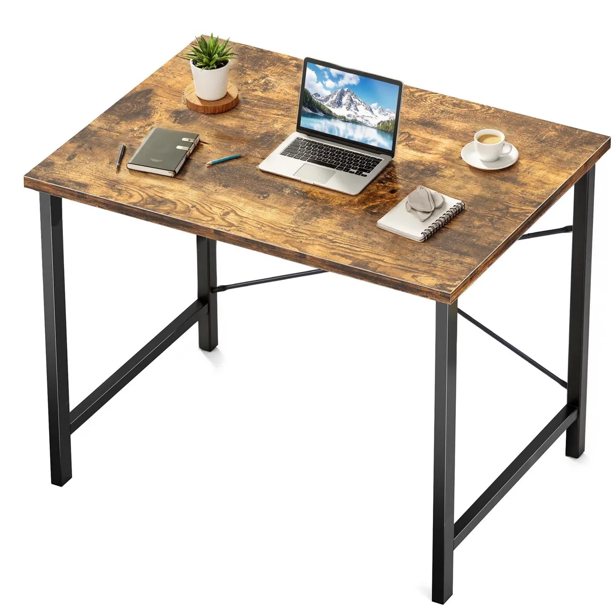 Rectangular rustic brown wooden desktop on black metal X-frame, compact writing desk