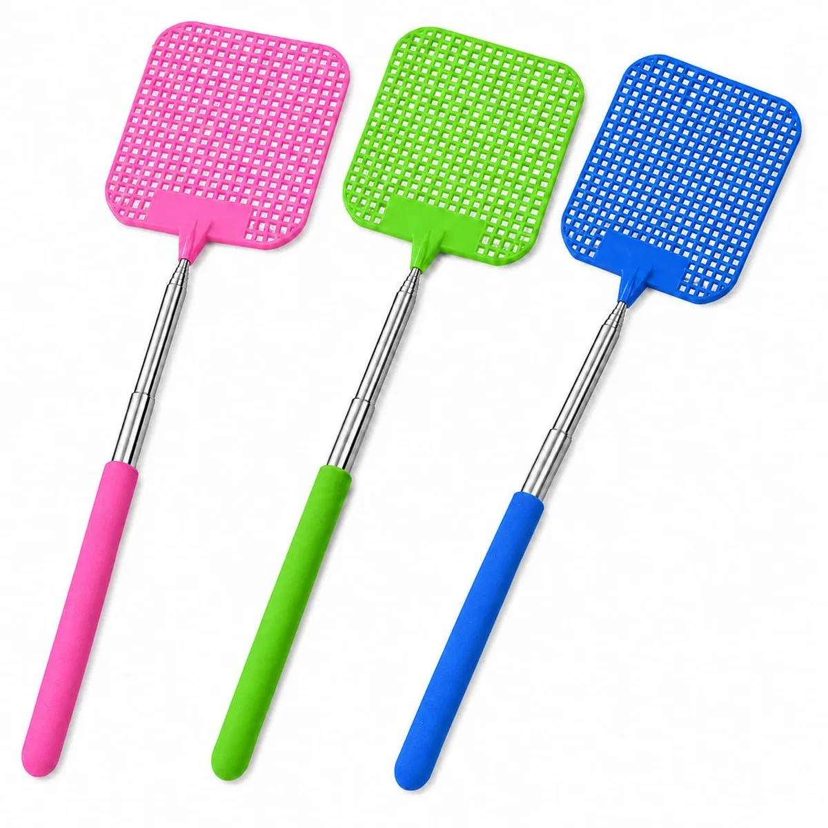 Three telescopic fly swatters with stainless steel handles and vented plastic paddles