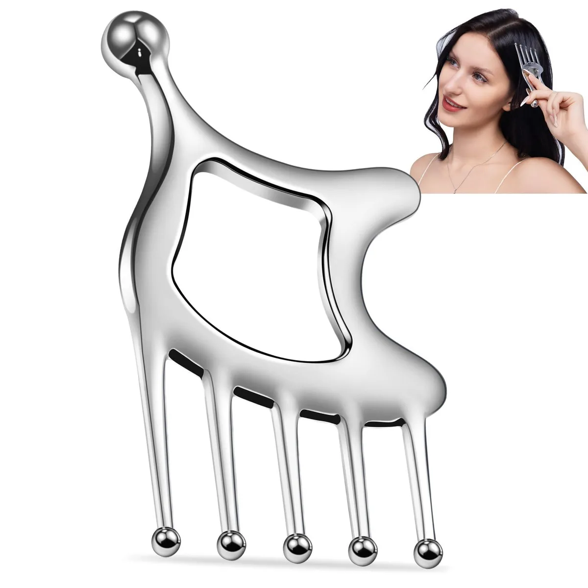 Metal scalp massager comb, curved stainless steel, pocket size