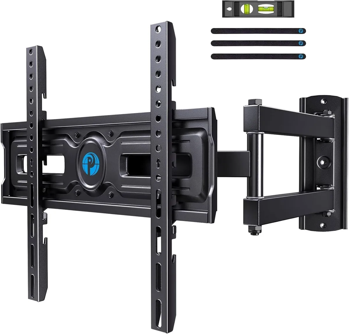 Black full-motion TV wall mount with single articulating arm, height-adjustable brackets, tilt and swivel capability