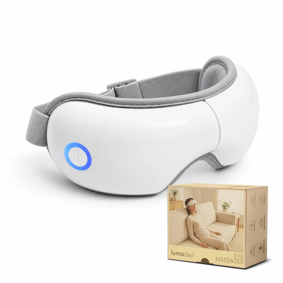 White foldable eye massager with soft inner fabric, 180° hinge, rechargeable battery, one-button control