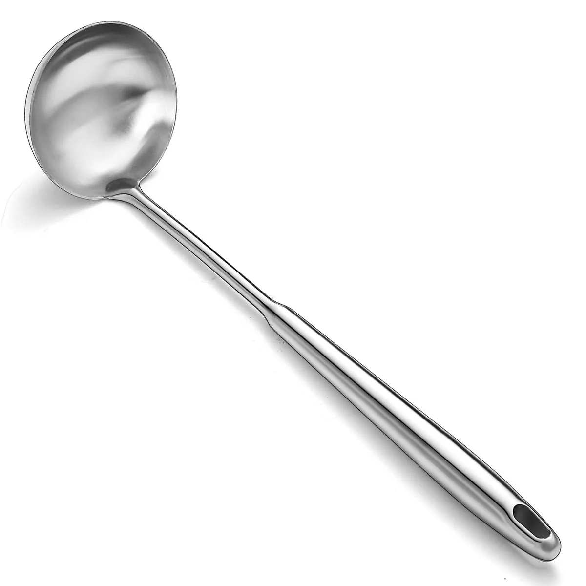 Stainless steel soup ladle with extra-deep bowl and long hollow handle