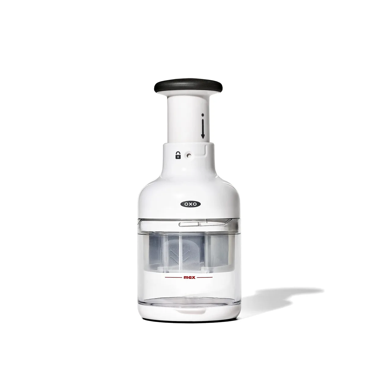 White manual vegetable chopper with pump handle and clear catcher cup