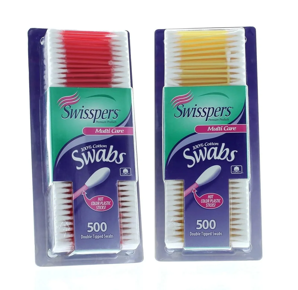 Two packs of 500 cotton swabs with colorful plastic sticks