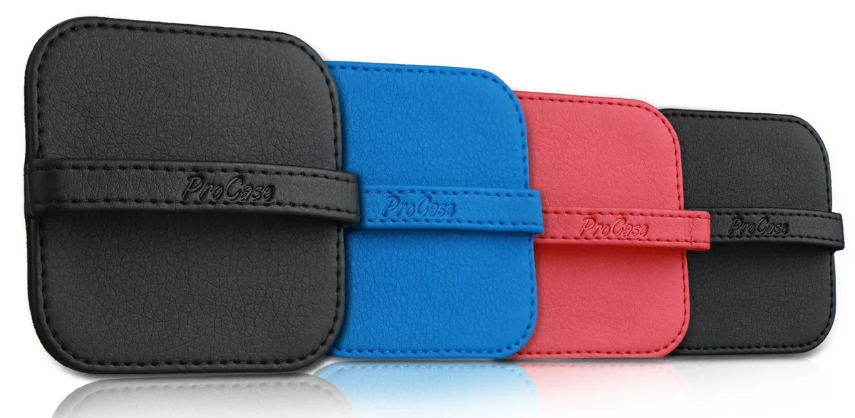Four square screen-cleaning pads in mixed colours, each with a PU leather strap on the back