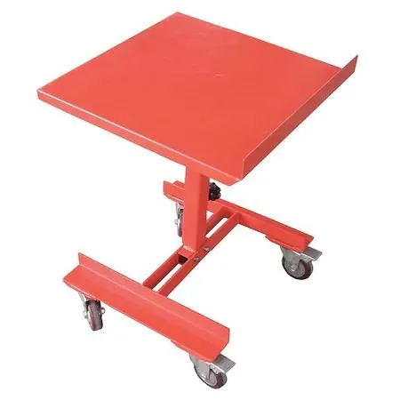 Red steel tilting workstand on four swivel casters, adjustable height 28 to 38 inches, 150 lb capacity