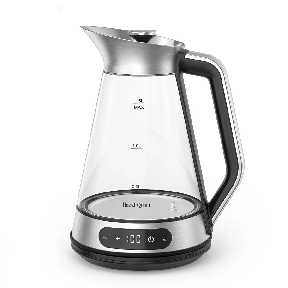 Hazel Quinn Glass Electric Kettle 1.5L Black Silver 1000W 40dB ±1°C 35-90°C 24h Keep Warm — product photo
