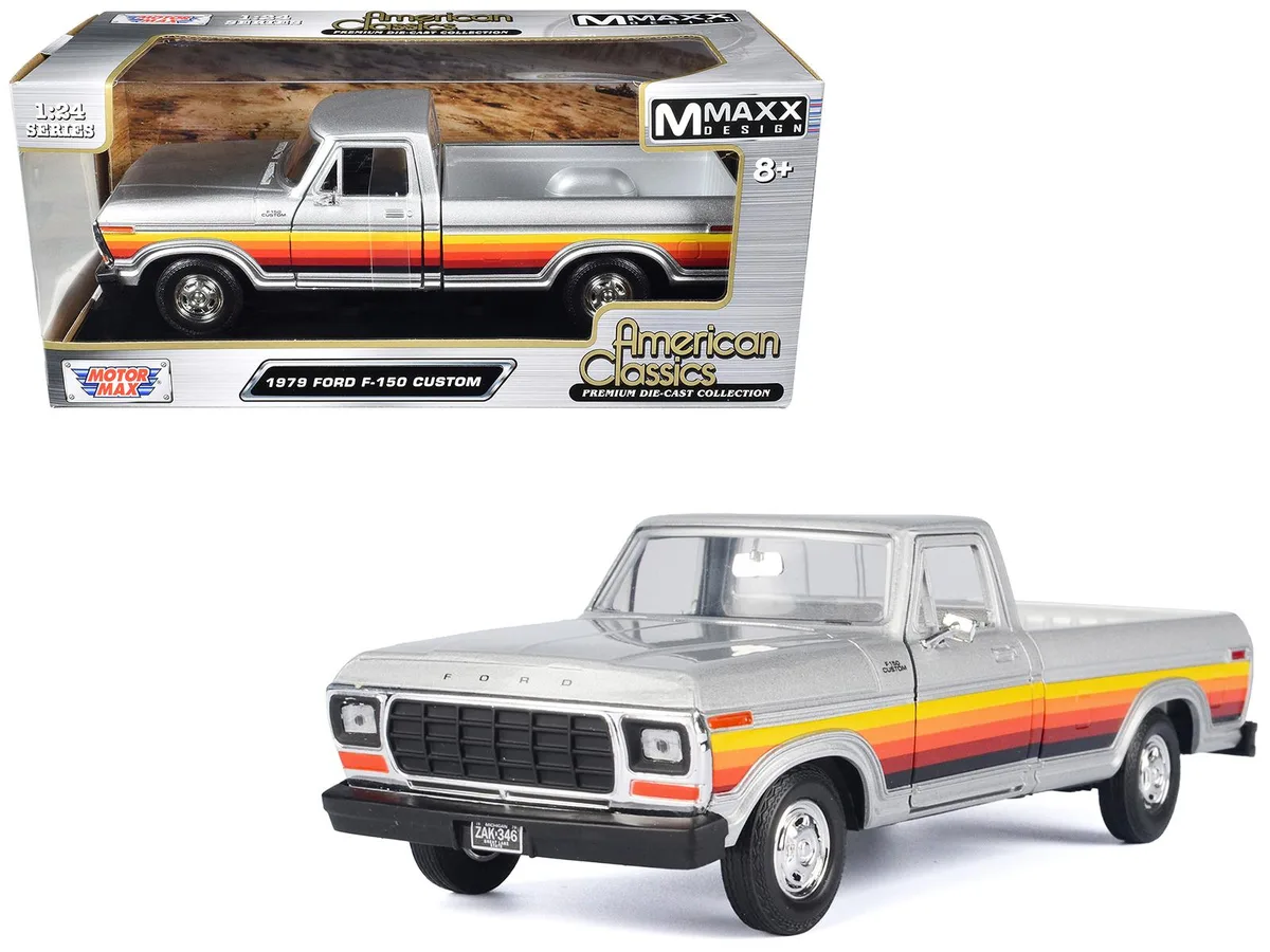 MOTORMAX MOTORMAX 1979 Ford F-150 Custom Pickup 1/24 Silver Metallic Stripes — product photo