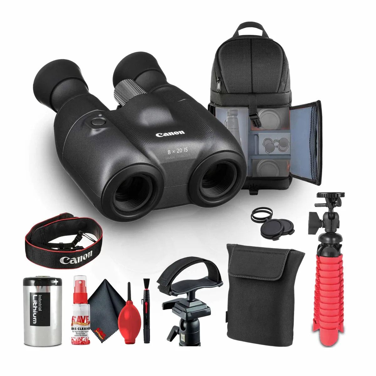Canon Canon 8x20 IS Binoculars 3639C002 Bundle Tripod Adapter Backpack Flexible Tripod Cleaning Kit — product photo