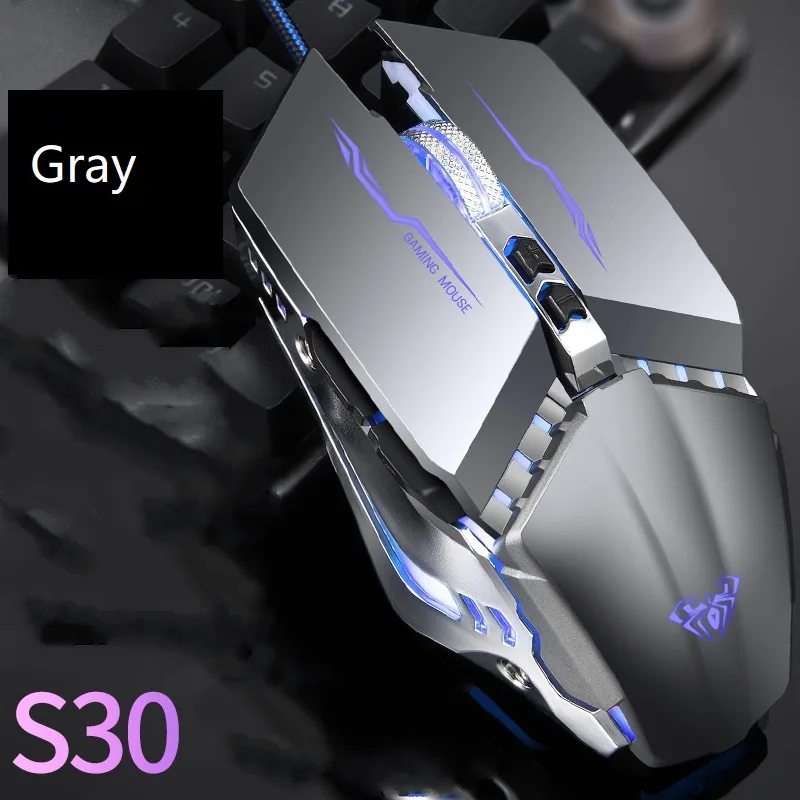 Grey wired gaming mouse with symmetrical shape, electroplated sides, metal scroll wheel and four-colour breathing lights