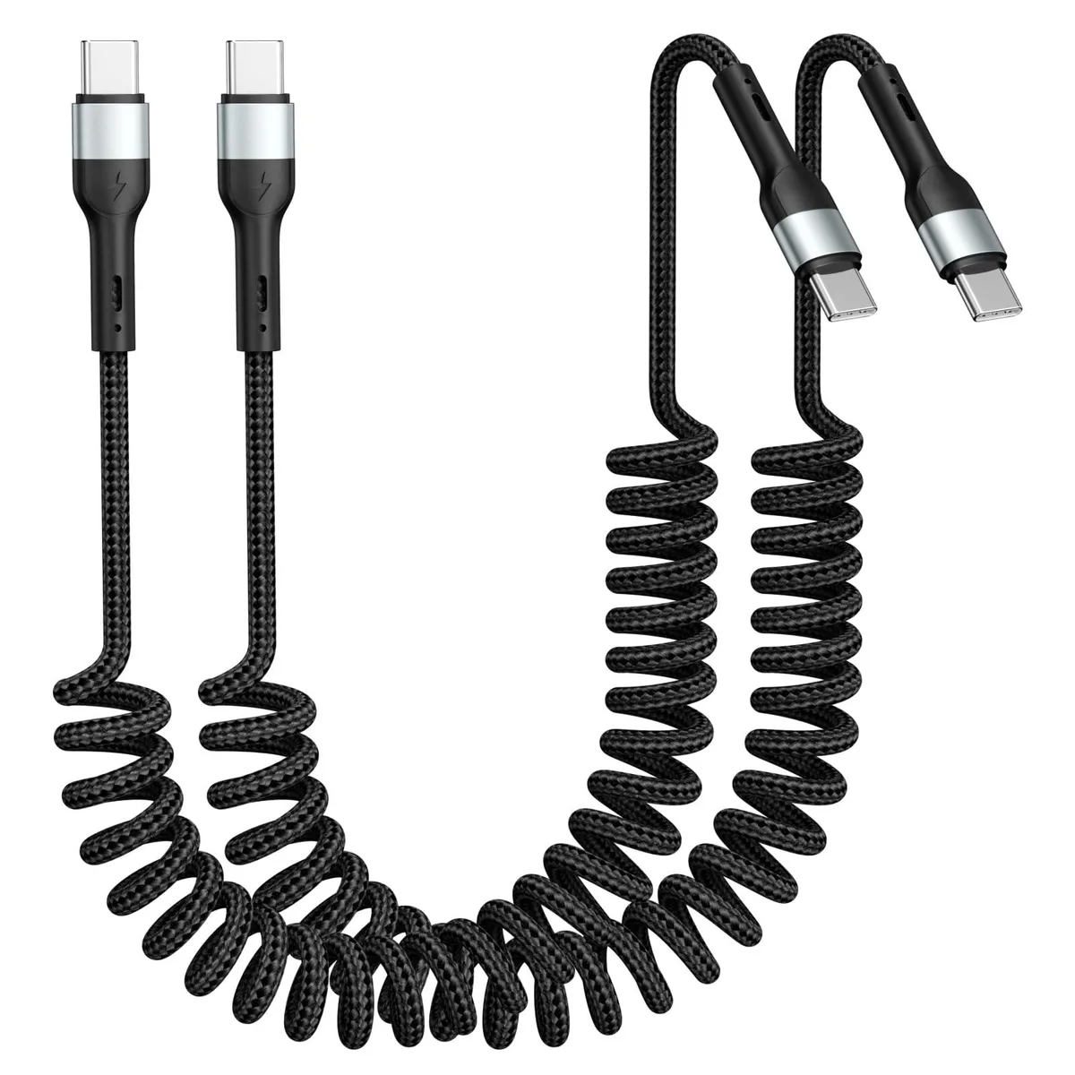 Two black braided USB-C coiled cables retracting from 1.5 ft to 5 ft