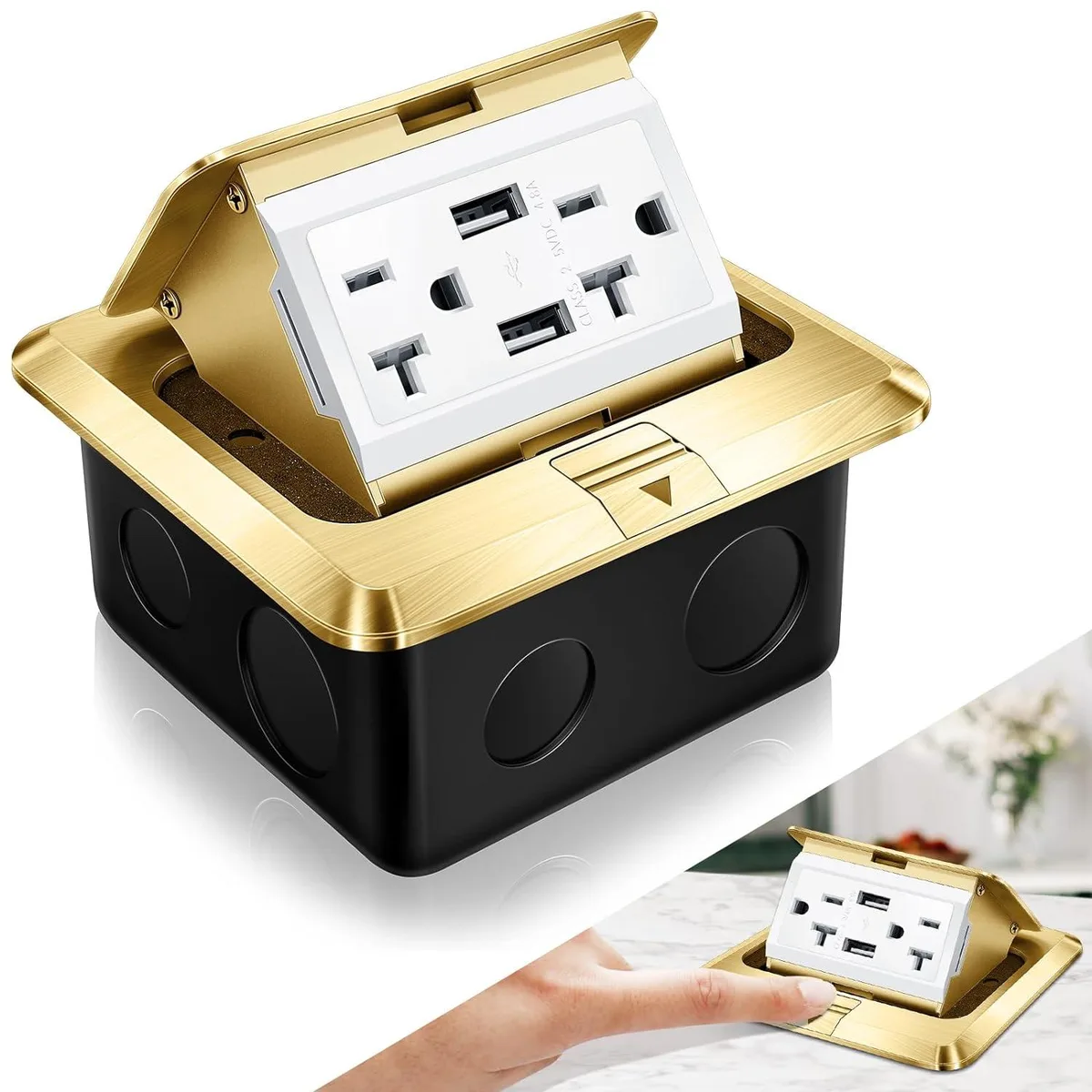 Gold pop-up floor outlet kit with USB ports and tamper-resistant receptacles