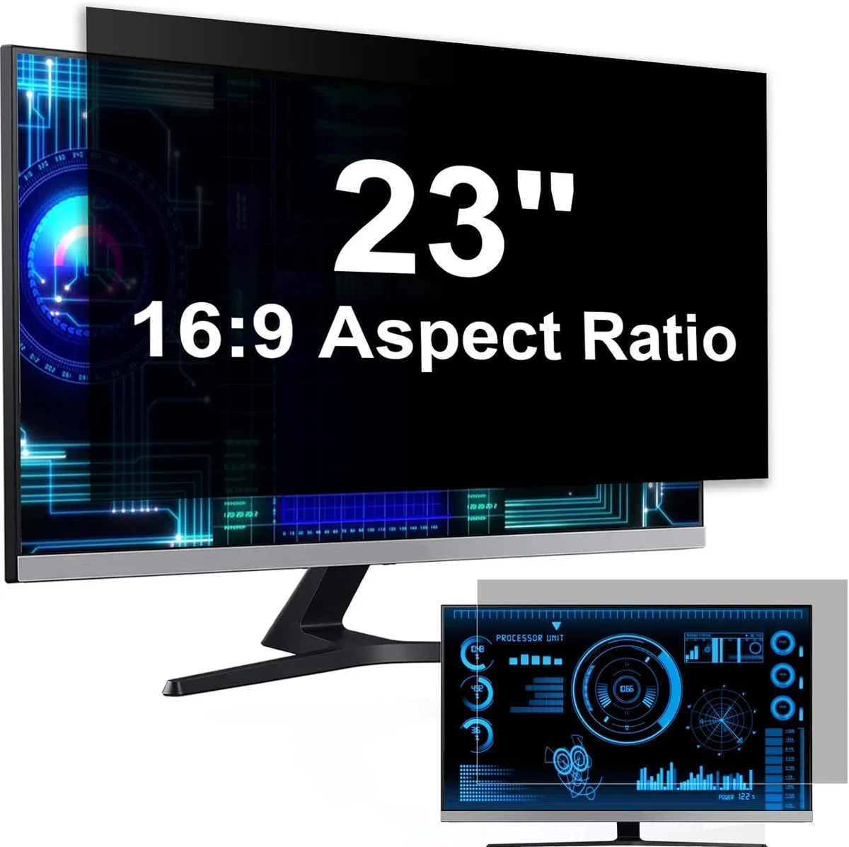 Two matte-gloss reversible privacy filters for 23 inch 16:9 screens, adhesive and slide mounts included