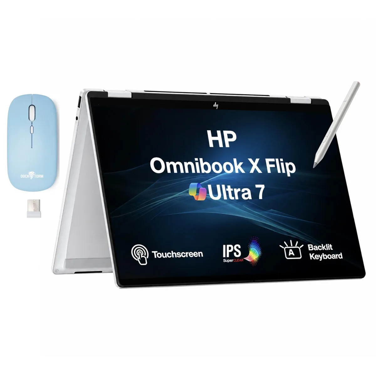 HP HP Omni Book X Flip 2-in-1 laptop Intel Core Ultra 7 256V 16GB LPDDR5X 2TB PCIe SSD 14" touchscreen Silver — product photo
