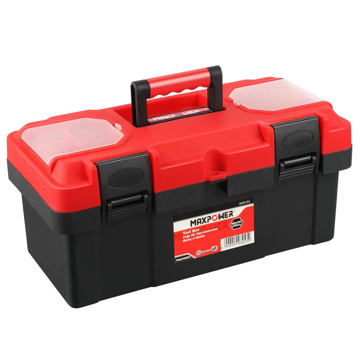 Red plastic tool box with handle and removable tray, 16 inches long