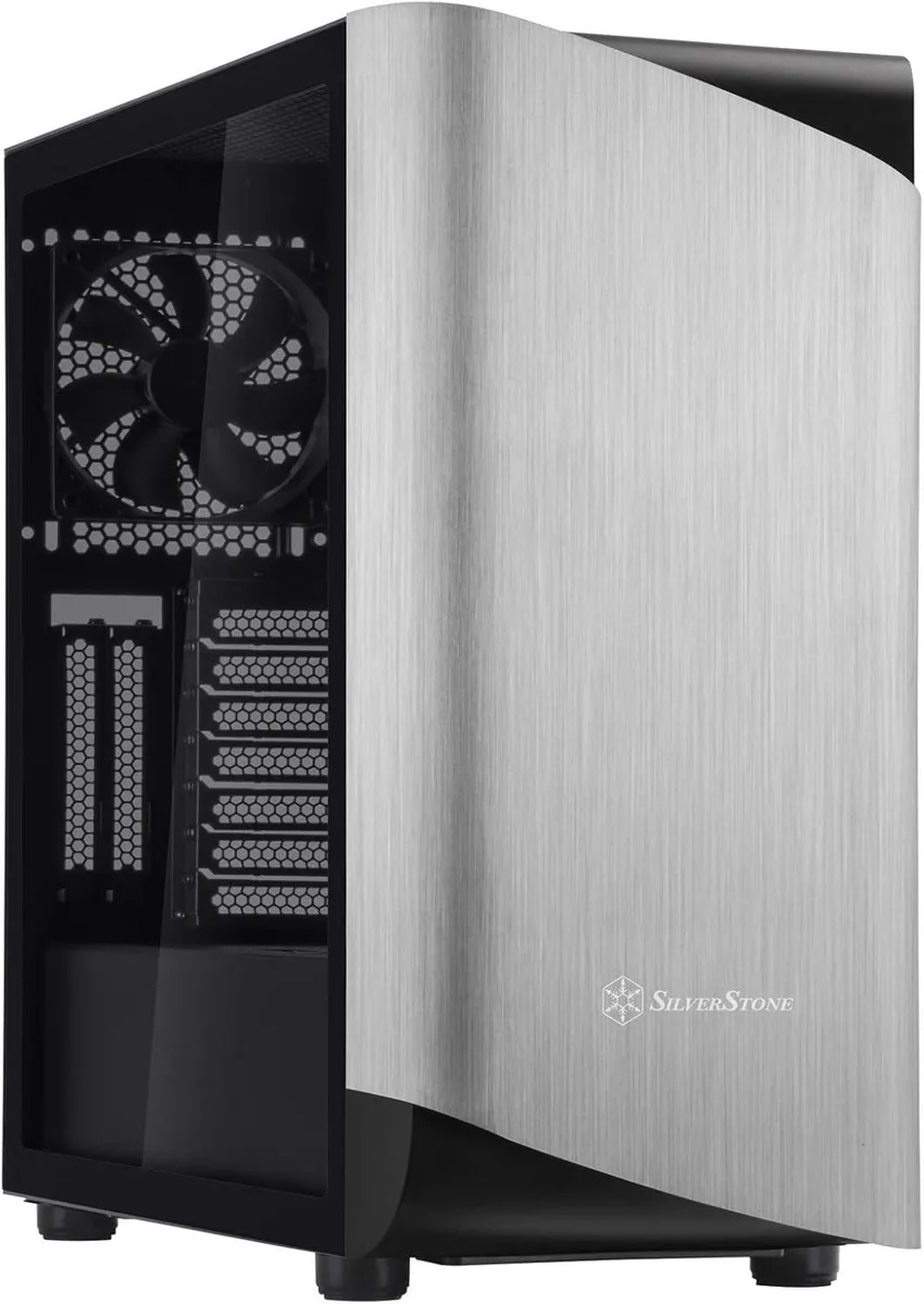 Silver aluminium front bezel, black steel body, tempered glass side panel