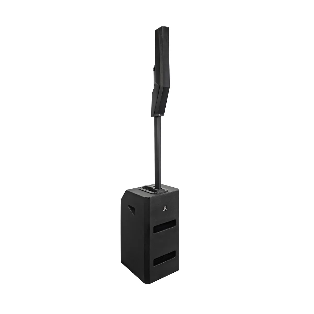 Black 12-inch powered PA speaker system with tall array column and matching subwoofer on pole
