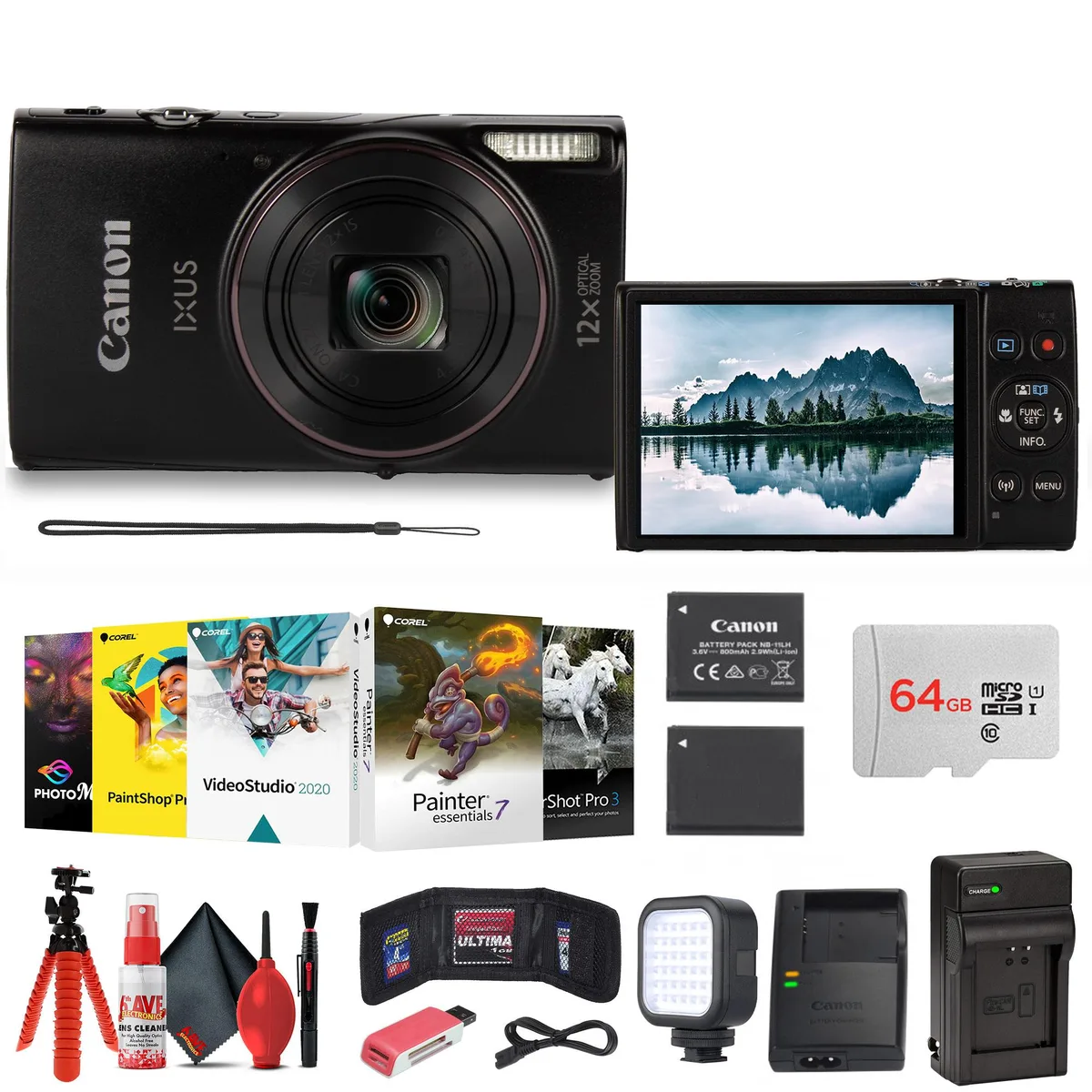 Canon Canon PowerShot IXUS 285 HS A Camera Kit (Black) 20.2MP 12x Zoom 3.0" 1080p Wi-Fi 64GB Card — product photo