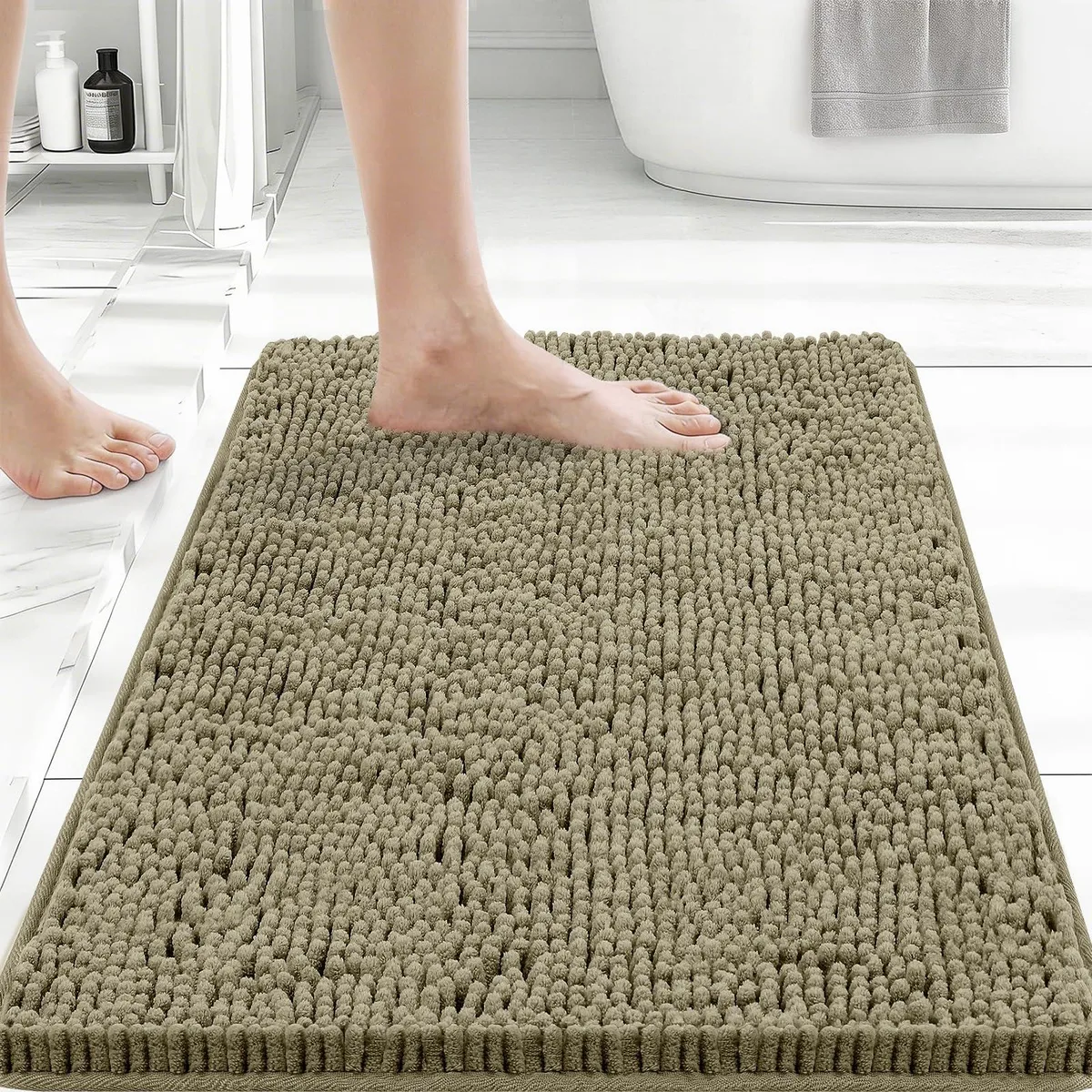 Rectangular latte bath mat, 24 by 17 inches, plush chenille surface with rubber backing
