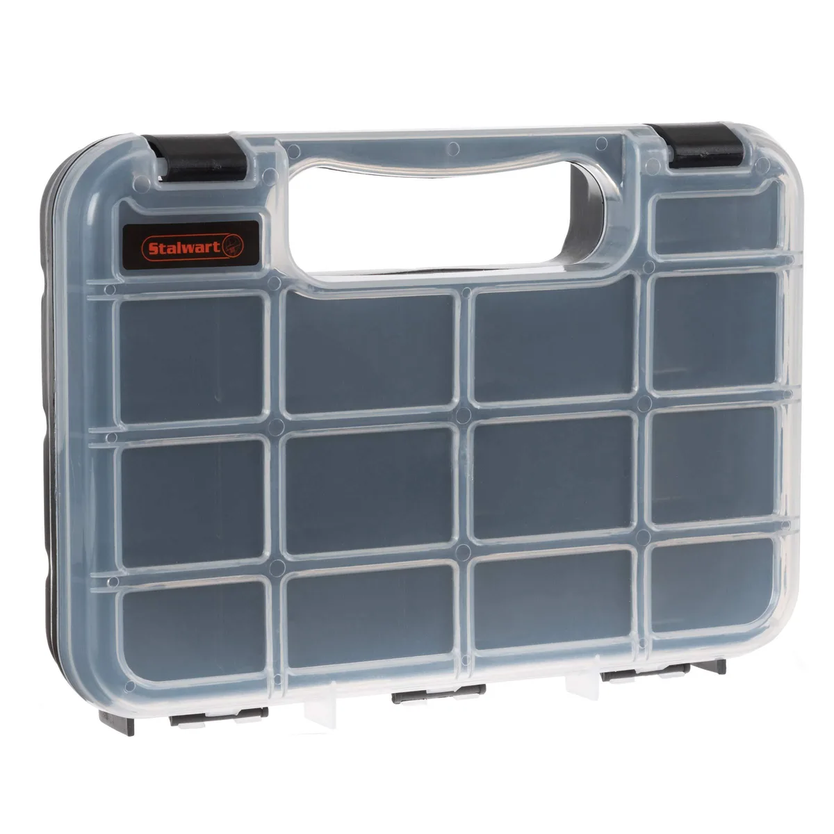 Black plastic case with clear hinged lid, 14 compartments, carry handle and secure latches