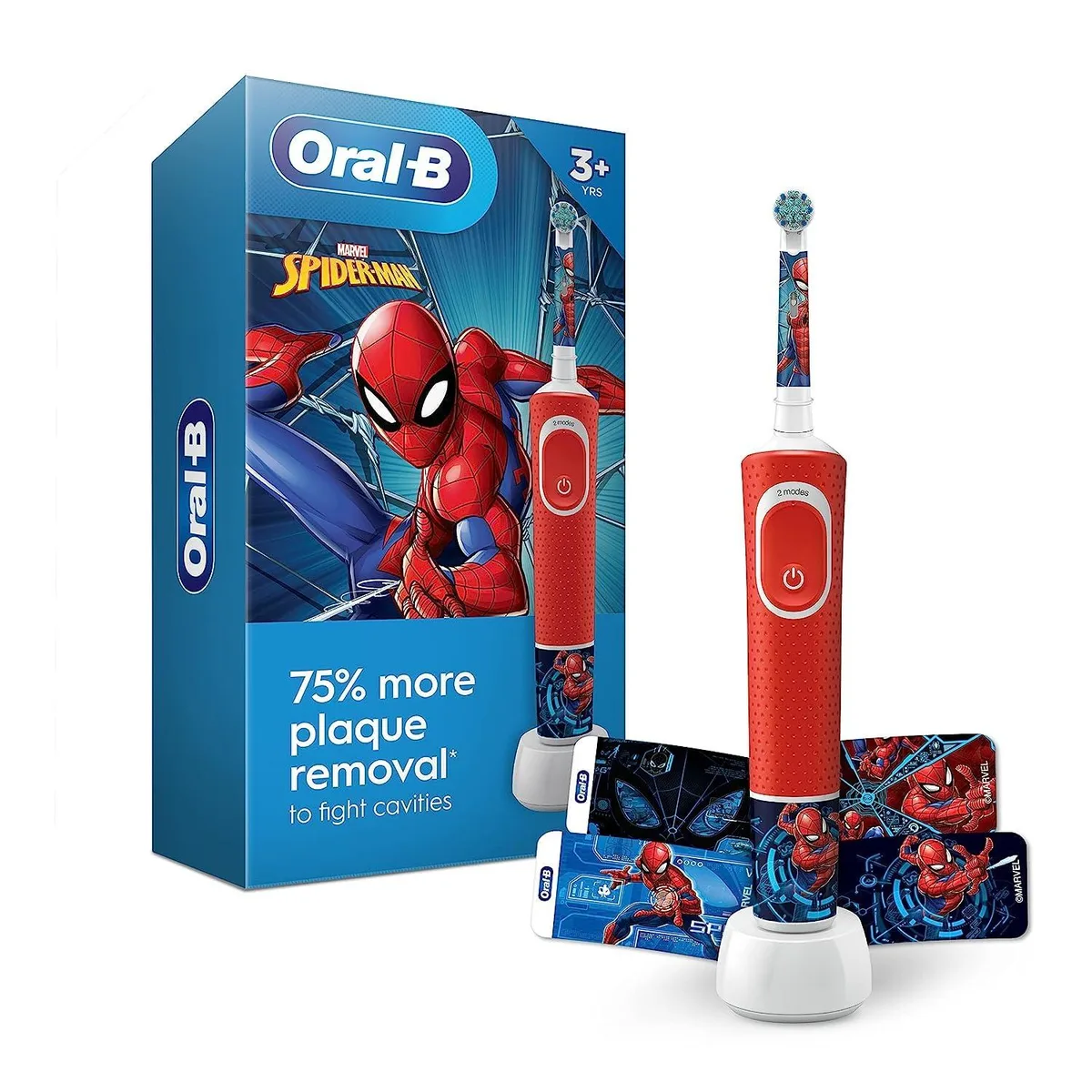 Blue kids electric toothbrush with Spiderman graphics, round brush head and charging base