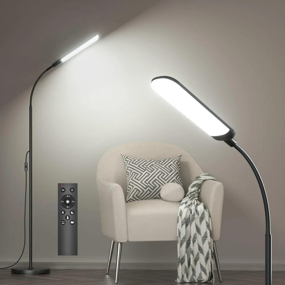 Slim powder-coated floor lamp with adjustable neck and remote control