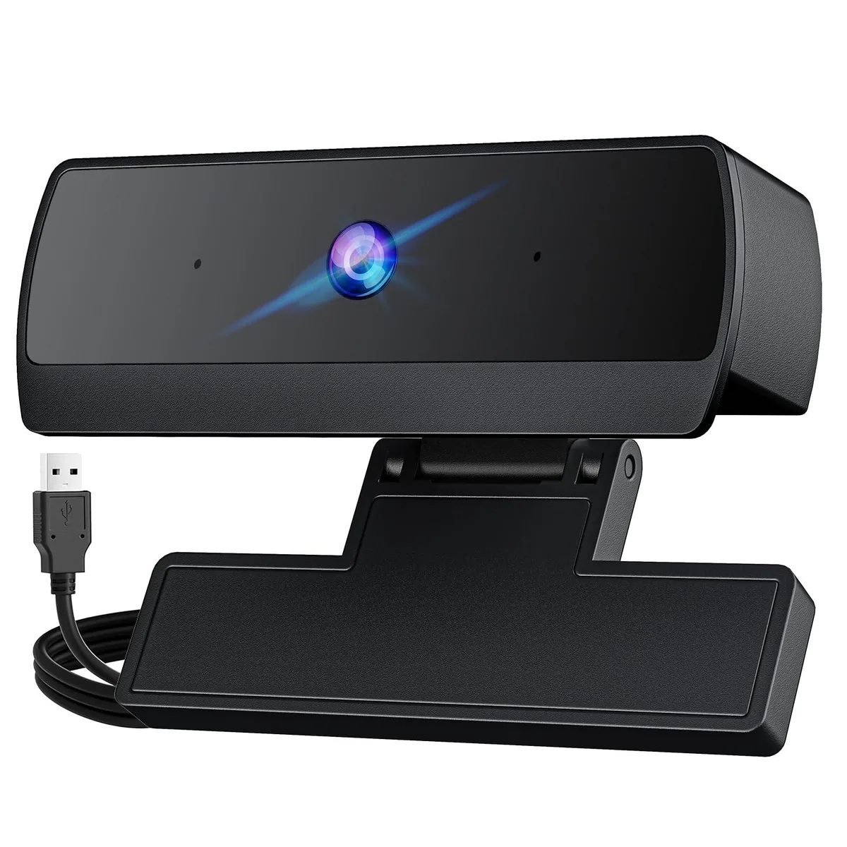 Black rectangular webcam with collapsible stand and USB cable