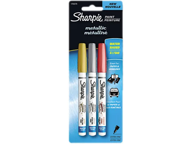 Cardboard blister pack holding three metallic paint markers in gold silver and copper rose with extra fine tips