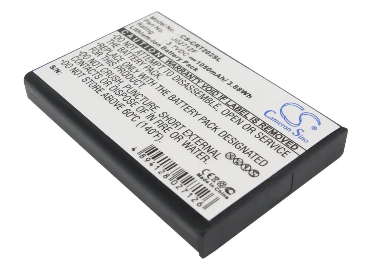Small rectangular lithium-ion battery pack, dark grey plastic casing with gold contacts