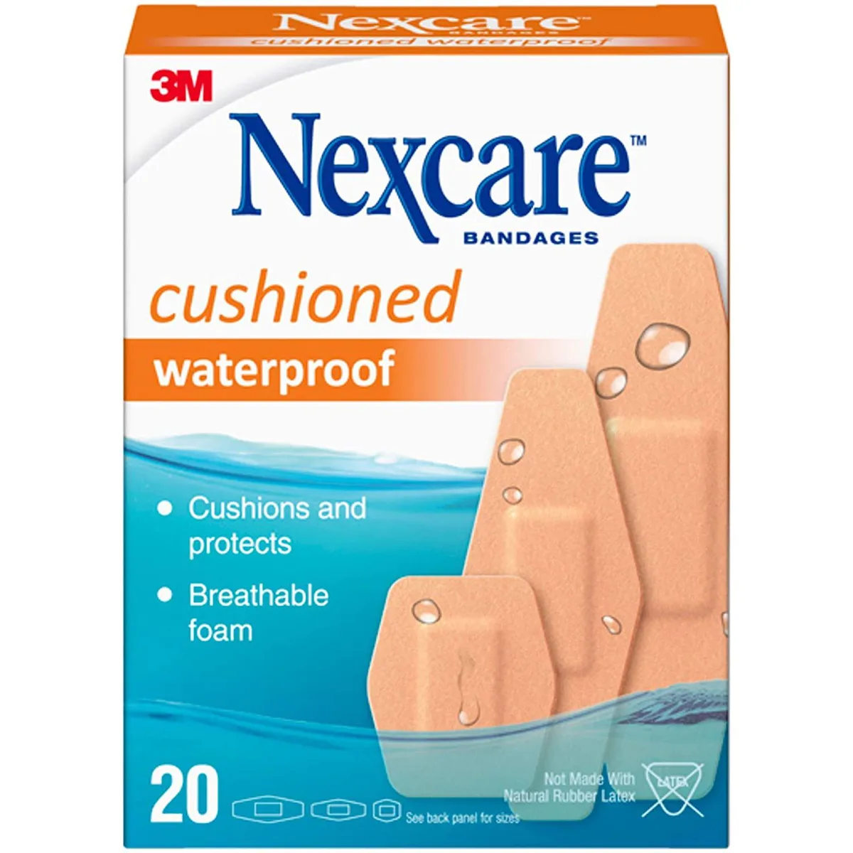Box of 20 tan waterproof cushioned bandages with non-stick pads