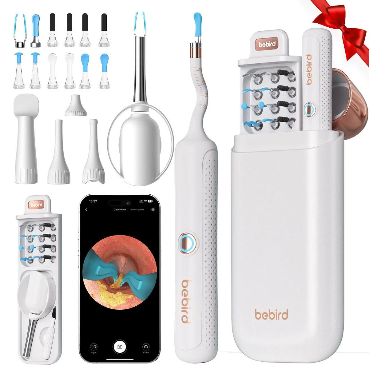 White flexible ear camera with tweezers in case