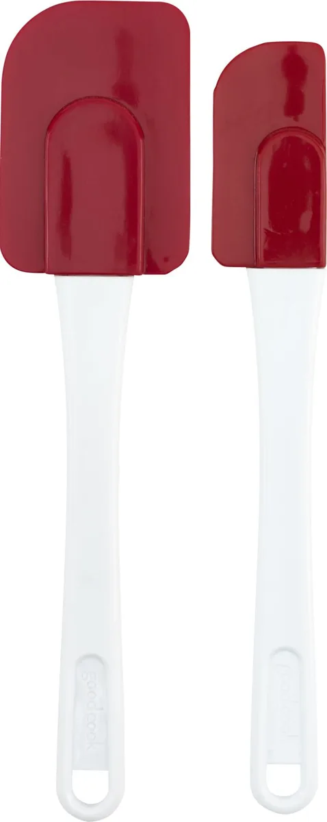 Two red silicone spatulas with clear handles, 12 inches long