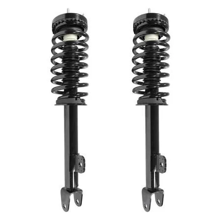 Two silver front strut assemblies with coil springs and top mounts