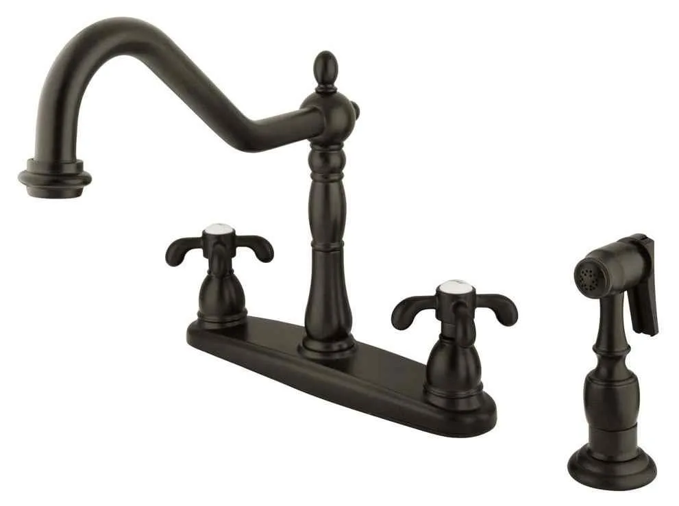 Oil-rubbed bronze centreset kitchen faucet with double handles and white side sprayer