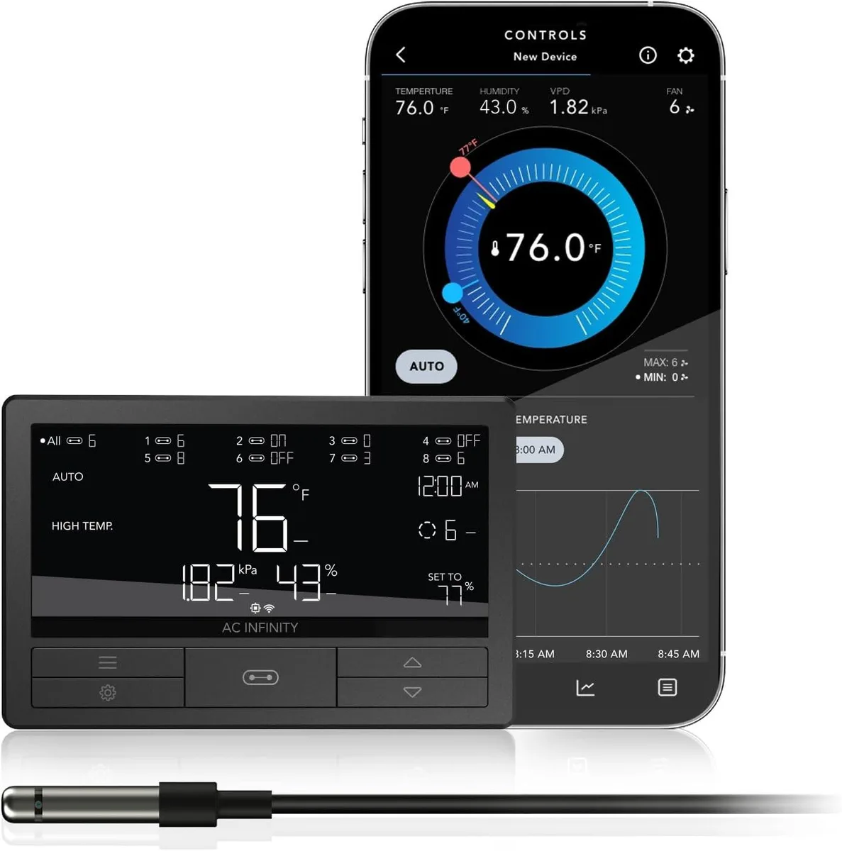 Compact rectangular controller unit with matte black finish and front display