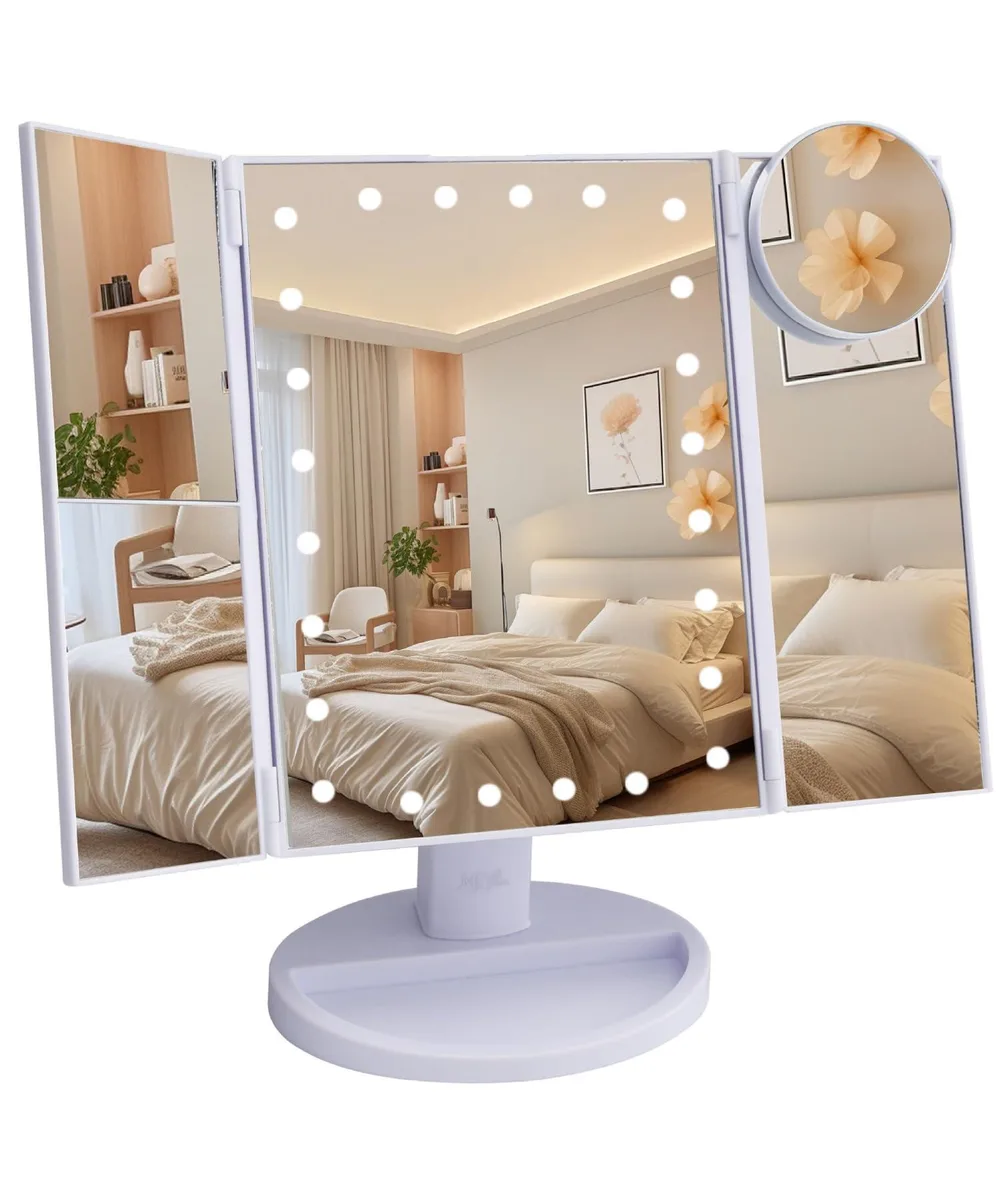 White tri-fold vanity mirror with LED lights, 9 by 13.6 inches