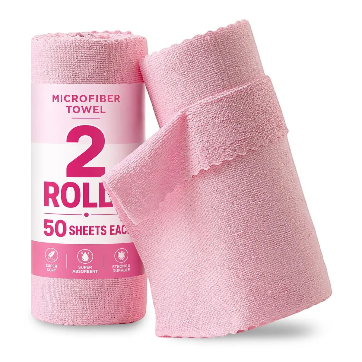 Two rolls of pink microfiber cloths on a perforated tear-away core